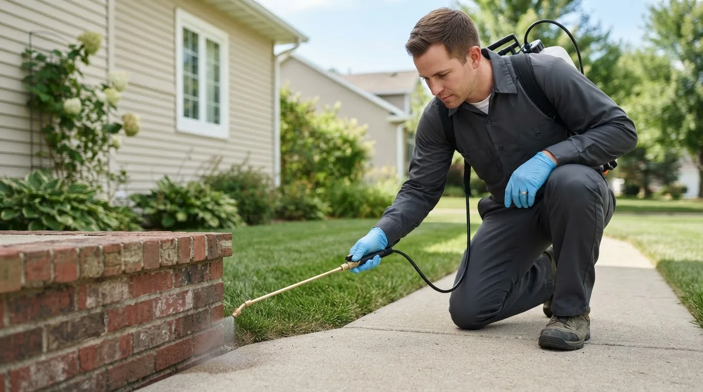 Pest control technician treating a home near Lakota, IA