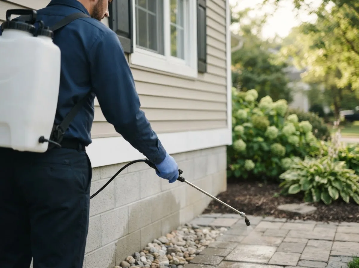 Pest control technician inspecting a home in Lakota, IA